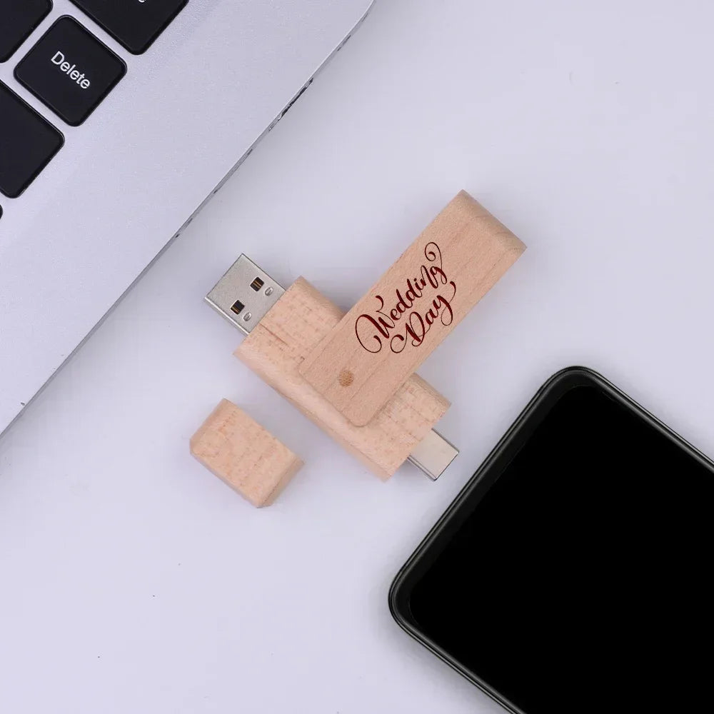 USB3.0 Wooden  TYPE-C Free Custom Logo USB 3.0 Flash Drive 128GB Rotatable Pen Drive 64GB Memory Stick Creative Gift Pendrive