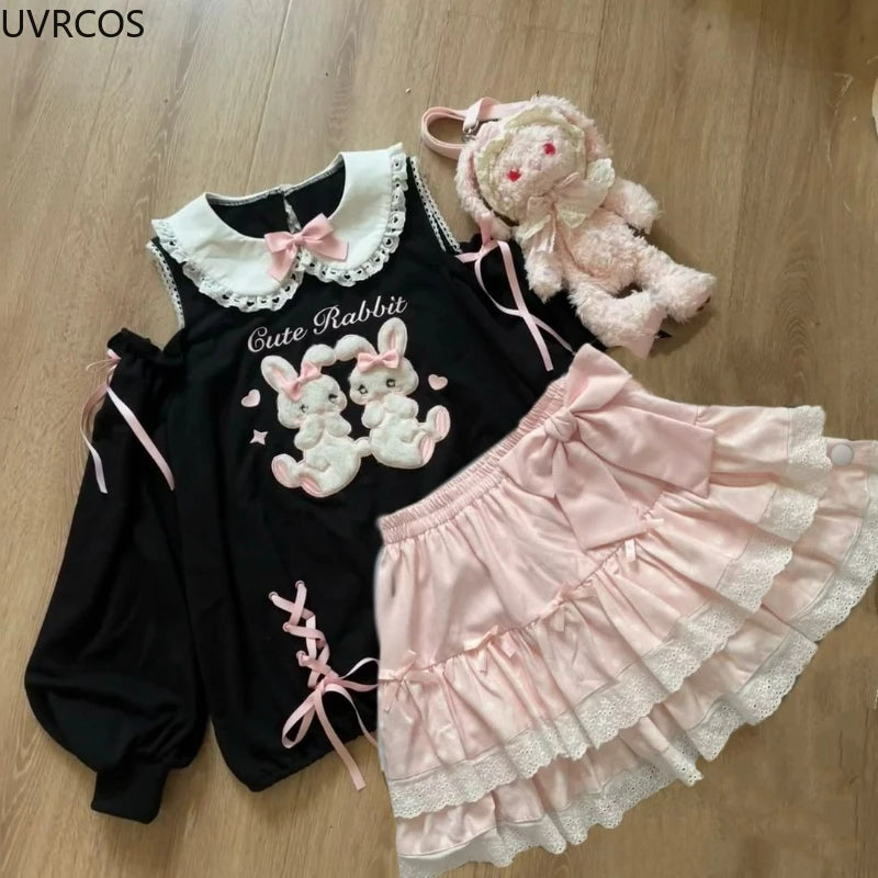 Japanese Sweet Lolita 2 Piece Sets Women Cute Bow Cartoon Bunny Off Shoulder T-shirts Pink Cake Mini Skirts Kawaii Y2k Outfits