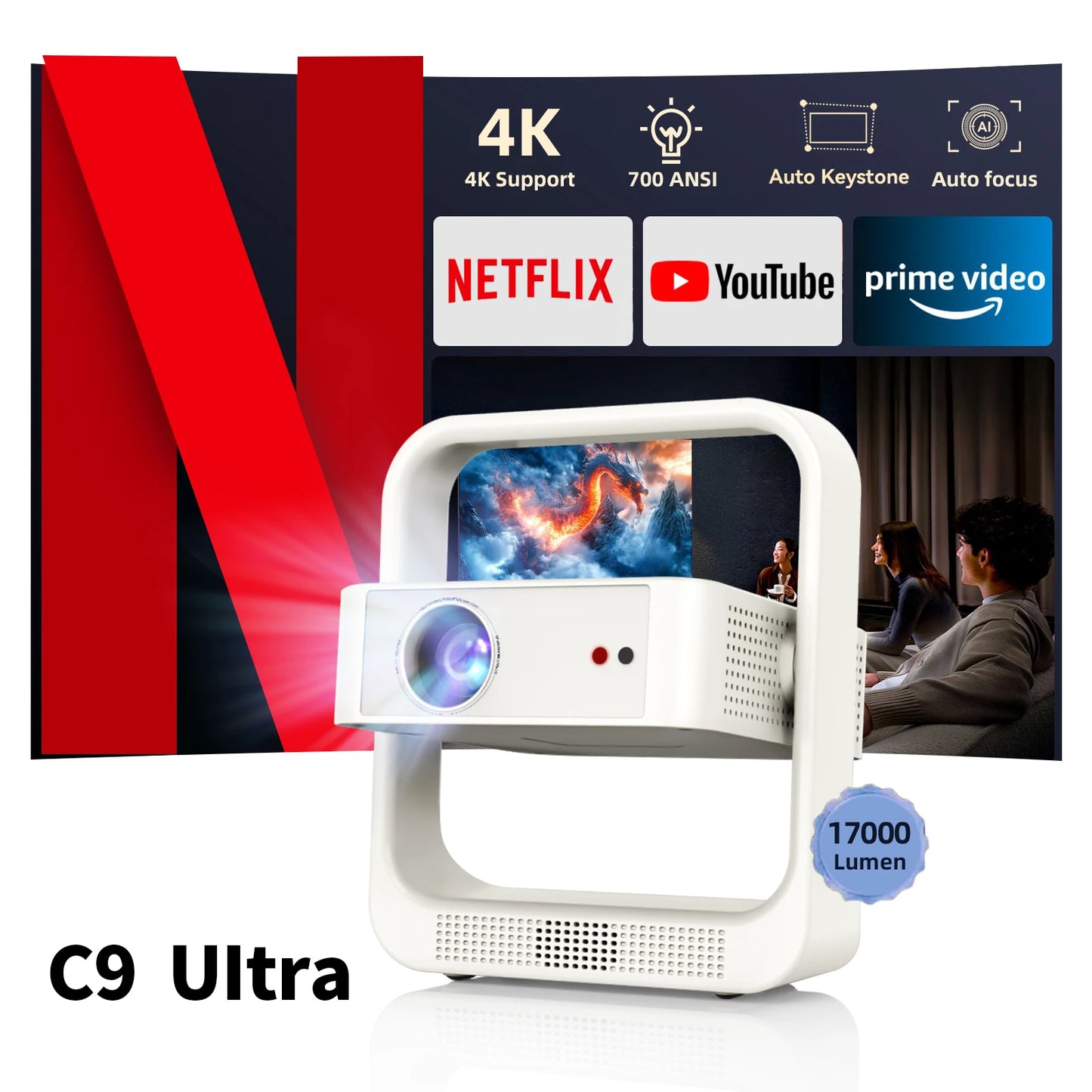 Fintex C9 Ultra Projector  4k Full HD 1080P HDR10 Proyector 700 ANSI Android TV9.0 ASA3.0 Auto Focus Portable Projectors