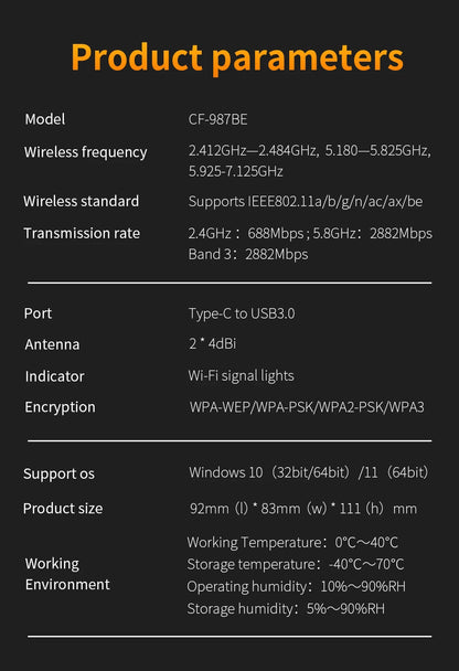 COMFAST USB WiFi 7 Wi-fi adapter 6452Mbps Network Card USB3.0 Tri-band Wifi Dongle 2.4G/5.8G/6G Driver-Free For PC Win10/11