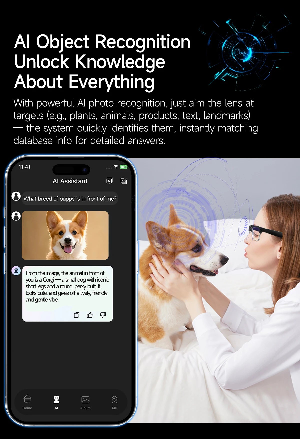 Lunettes intelligentes avec traduction IA, caméra HD 8 mégapixels, stabilisation optique de l'image, double microphone et réduction du bruit.