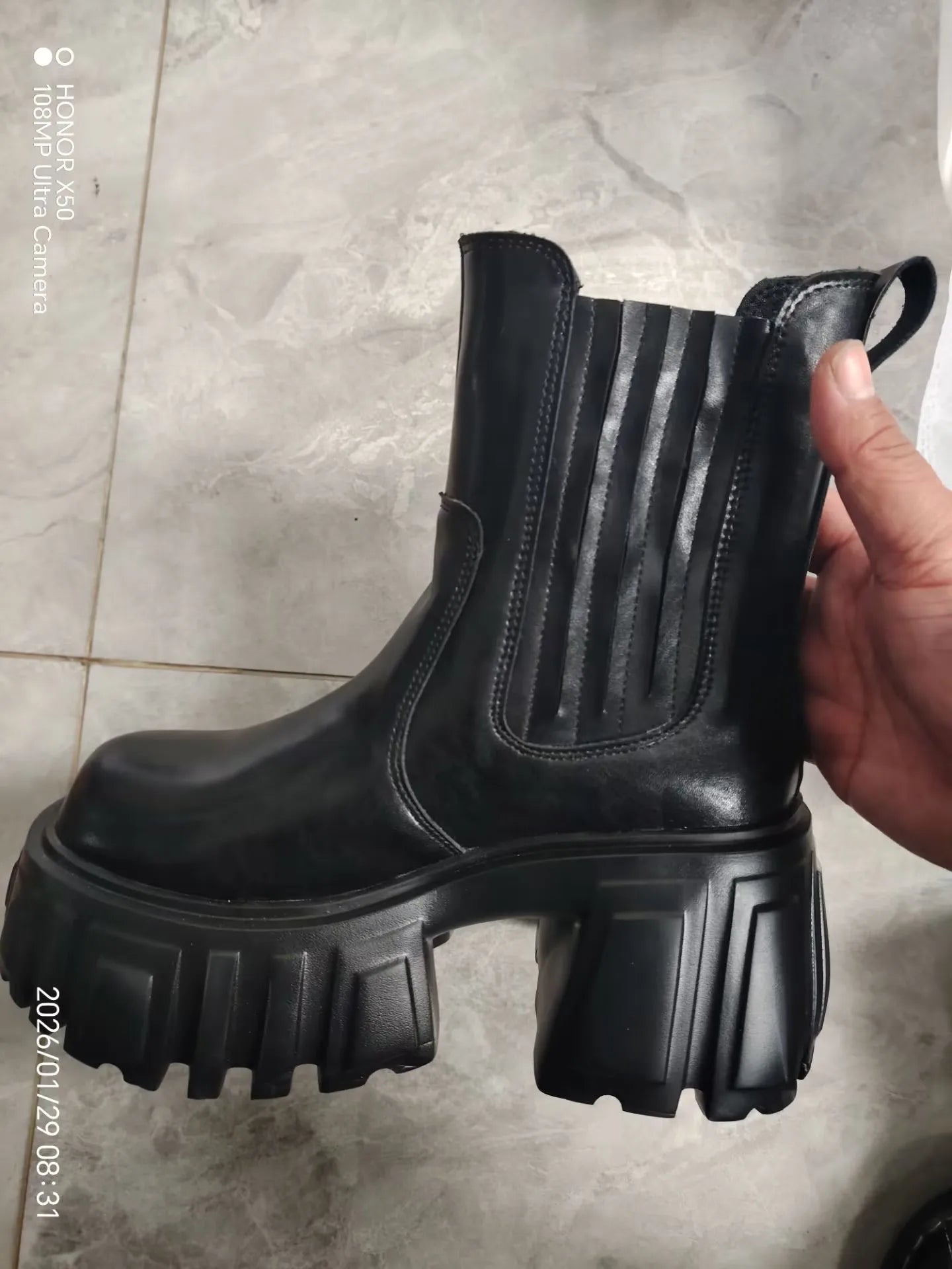 Super High Chunky Heel Platform Chelsea Women's Autumn Small Elevator Ankle Thin Smoke Pipe Genuine Leather Boots