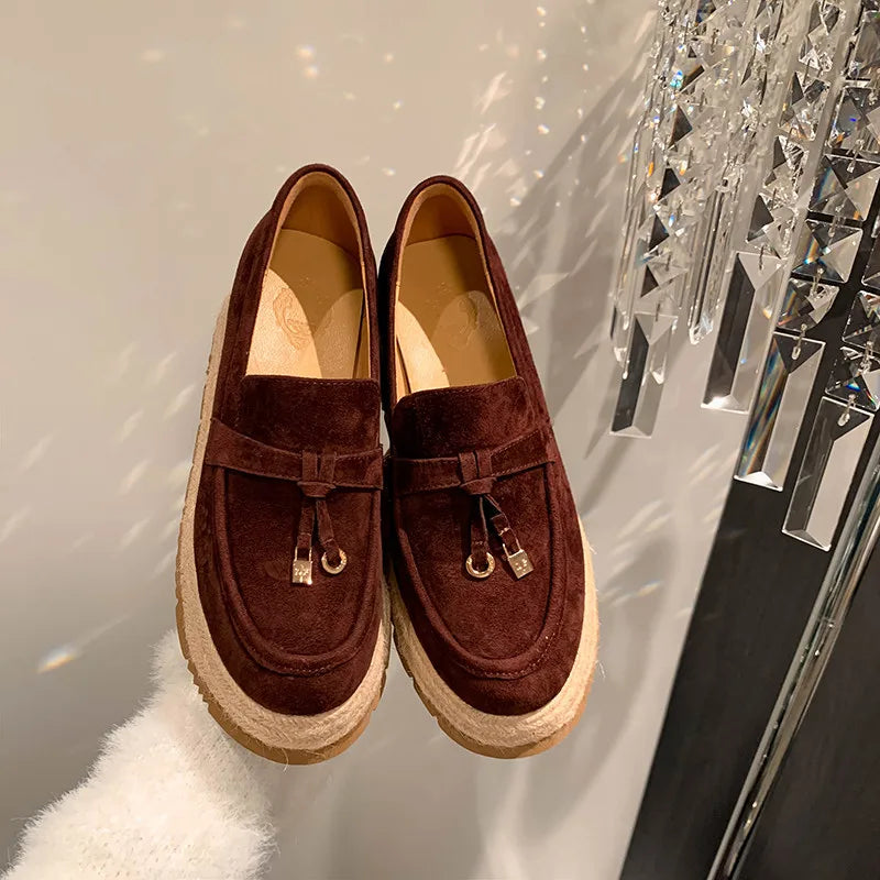 MKKHOU Fashion Loafers New High Quality Real Leather Suede Vintage Straw Braid Platform Shoes Daily Casual Light Shoes Neutral