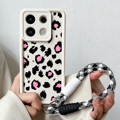 Phone Case For Xiaomi 14T 12T 13T 11T 15 14 12 13 Poco X6 X5 X3 F3 F5 Pro Lite Leopard Print Wrist Chain Lanyard Hang Strap Case