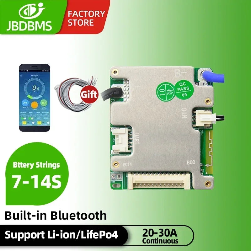 JBD BMS Auto-Identify 7S 8S 10S 12S 13S 14S 20A 30A 40A 50A LiFePo4 Smart BMS 24V 36V 48V Battery Management System for E-Bike