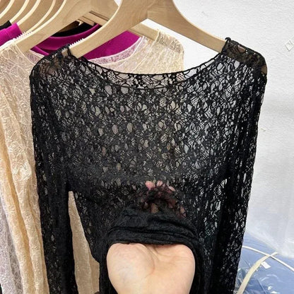 2025 Sexy and slightly transparent black lace shirt women long sleeved Spring and Autumn New slim fit inner layer with mesh