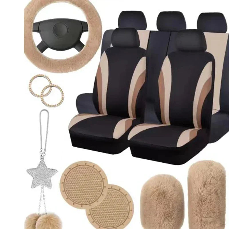 17Pcs Striped Design Universal Car Seat Cover Set Including Front Seat Cover Handbrake Shift Coverfluffy Steering Wheel Cover by PDG ibma