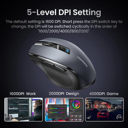 UGREEN Ergonomic Mouse, 6-Button Wireless 2.4G Bluetooth Dual Mode, 5-Level 4000 DPI Adjustable , Silent Click for PC Laptop