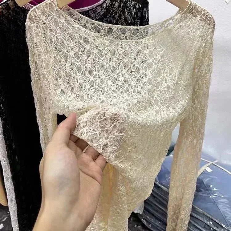 2025 Sexy and slightly transparent black lace shirt women long sleeved Spring and Autumn New slim fit inner layer with mesh
