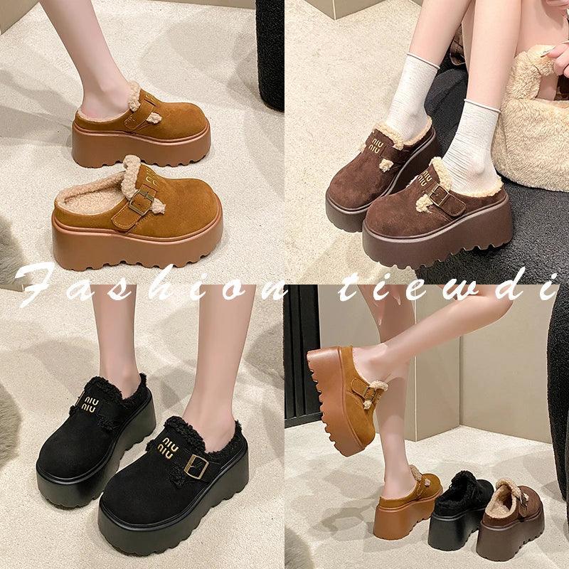 Platform High Heels Slippers Women Suede Mules Shoes Fur Warm Wedges Flip Flops 2025 Winter New Snow Boots Fashion Zapatos Mujer