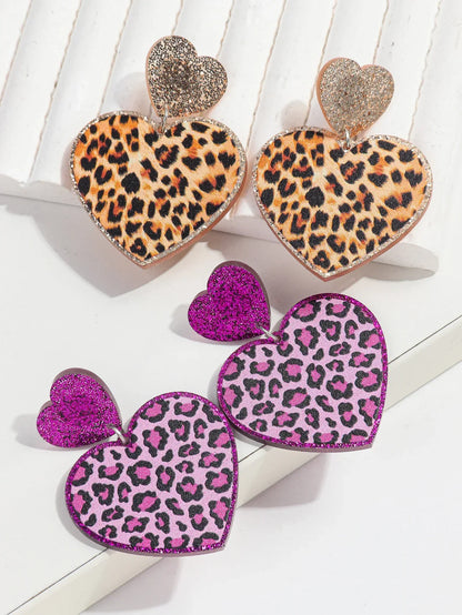 New Purple Glitter Leopard Heart Acrylic Dangle Earrings for Women Trendy Love Hanging Earring Jewelry Valentine's Day Gifts