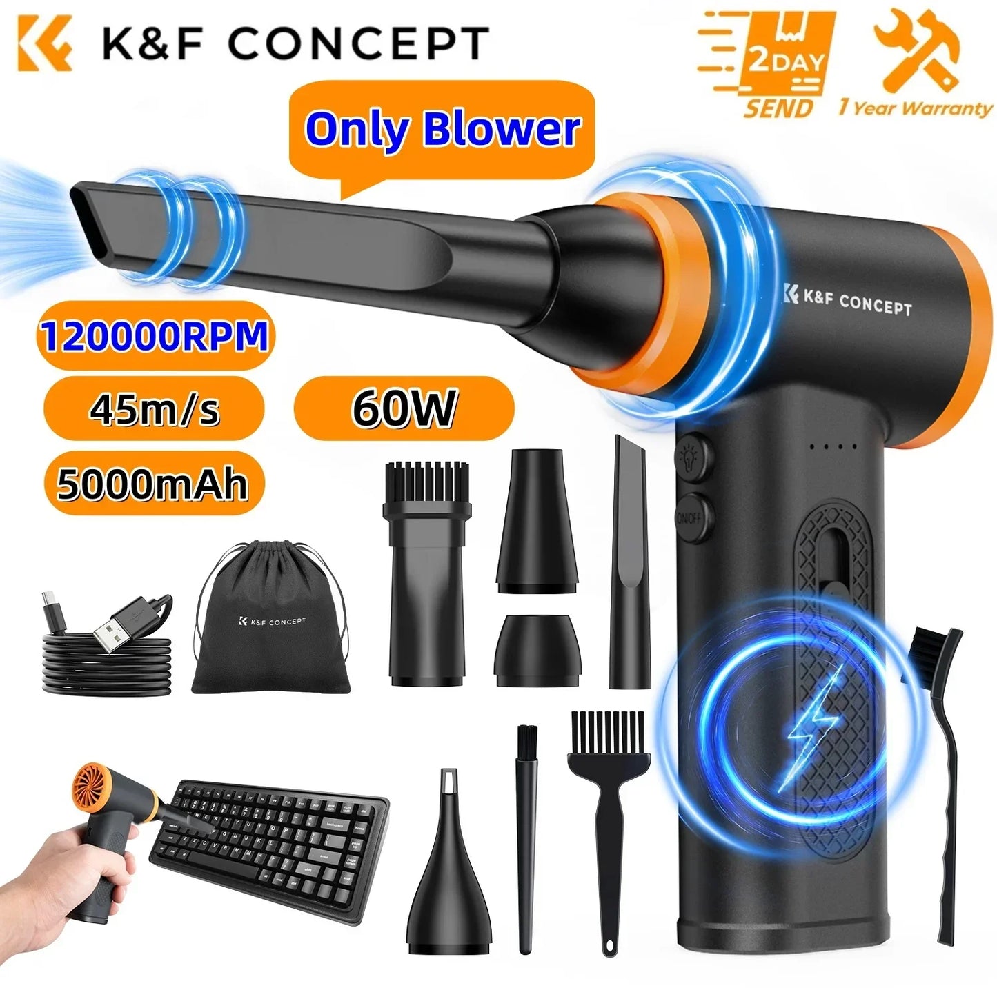 K&F CONCEPT Electric Air Duster Cordless Compressed Air Blower Suction for Computer,PC,Laptop Keyboard,Car,Camera Dust Cleaner