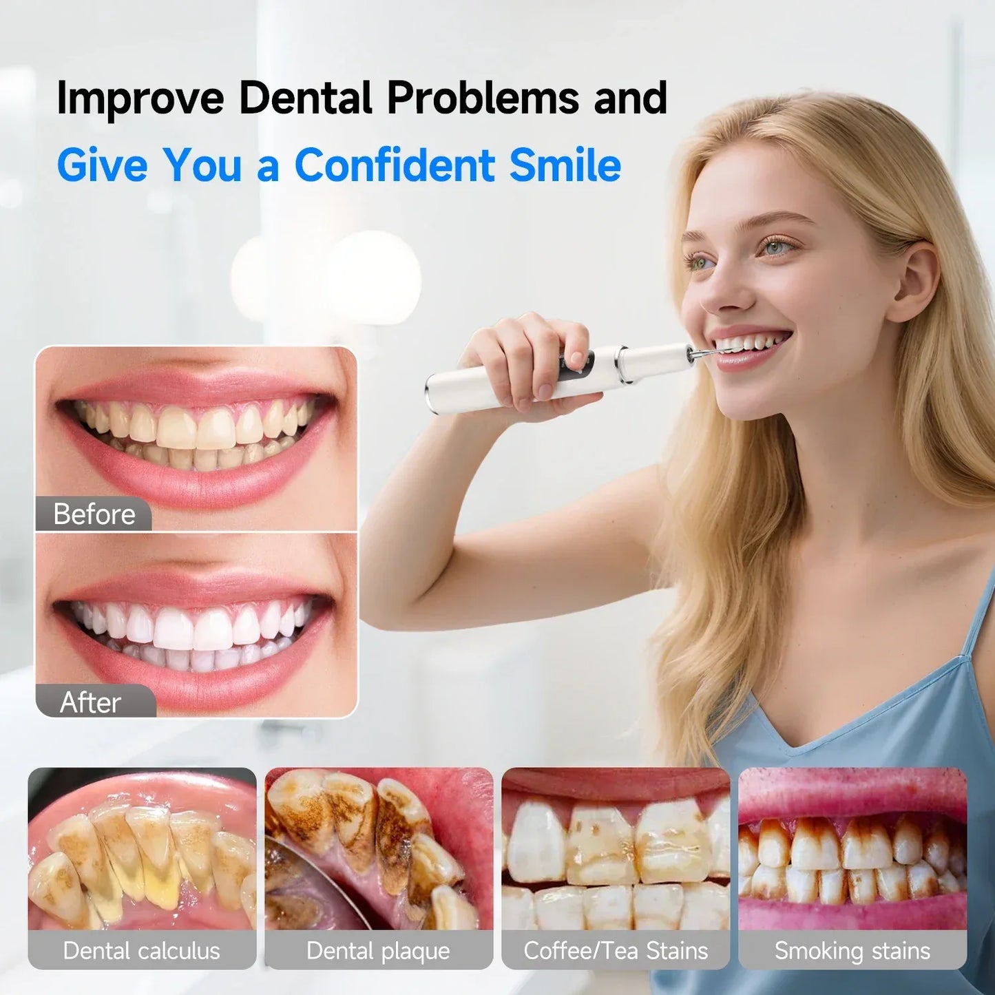 Ultrasonic Electric Dental Scaler High Frequency Vibrating Teeth Cleaner Plaque Calculus Tartar Stains Remover 5 modes with LED
