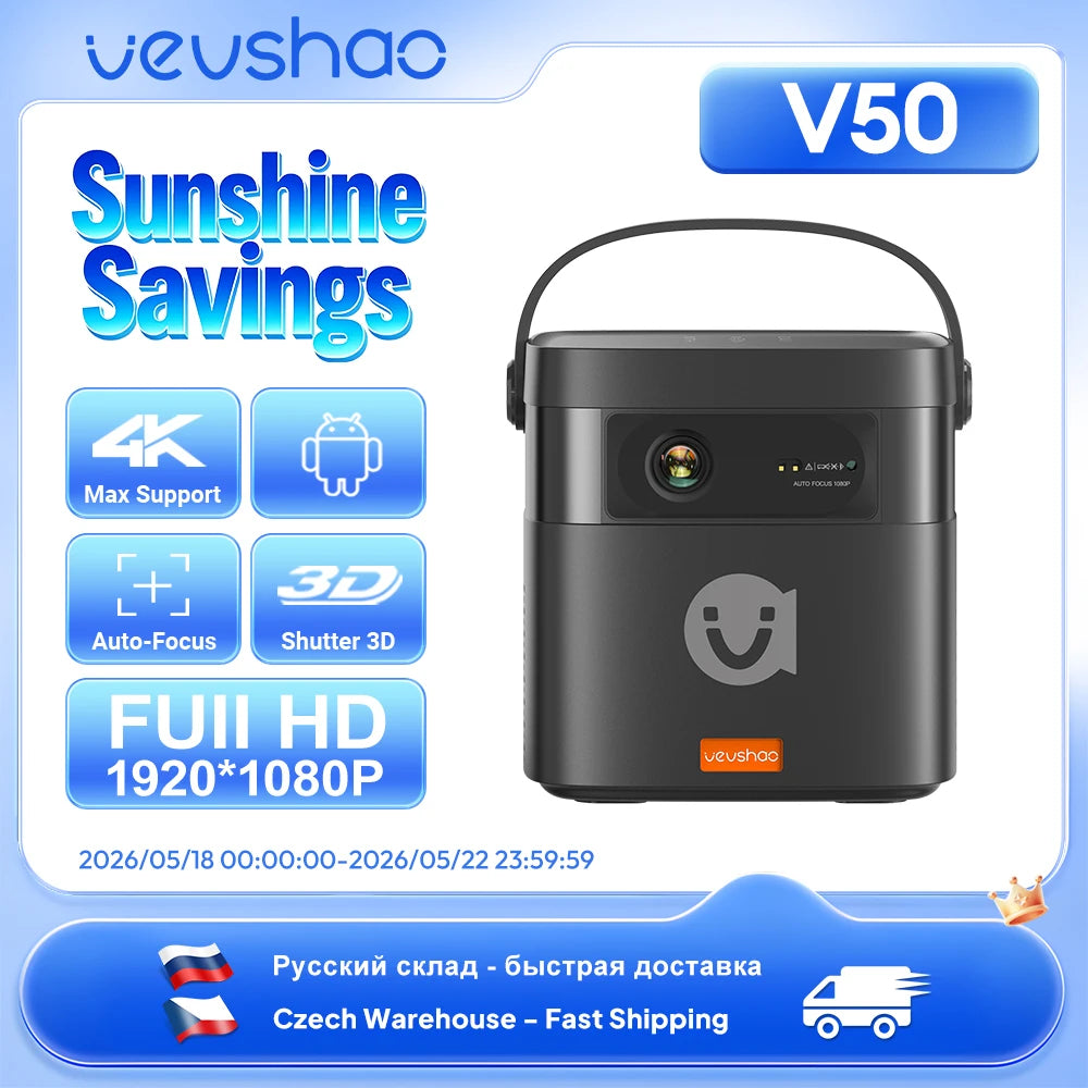 VEVSHAO V50 400ANSI DLP Projector Airplay Miracast 15000mAh Battery Android 9.0 TOF Focus 3D Portable Outdoor Movie Projector