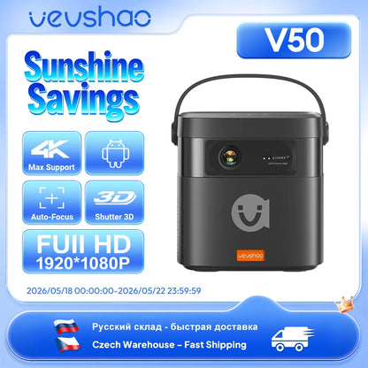 VEVSHAO V50 400ANSI DLP Projector Airplay Miracast 15000mAh Battery Android 9.0 TOF Focus 3D Portable Outdoor Movie Projector