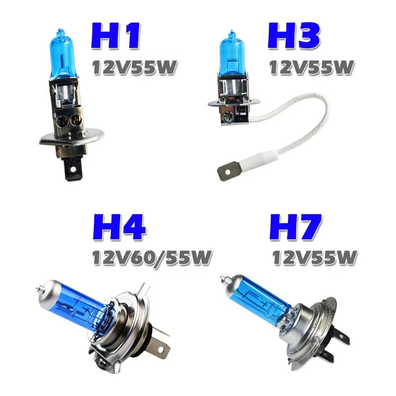 2pcs Super Bright Car Light H1 H3 H4 H7 H8 H9 H11 H15 9005 HB3 Auto halogen lamp bulb Fog Lights 55W 12V 6000K White Headlights