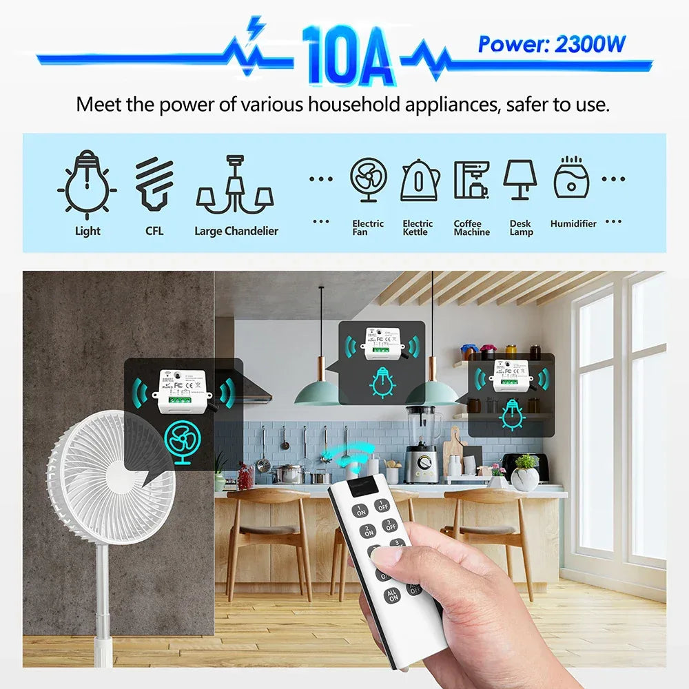 RF Wireless Smart Light Switch 433MHz 110V 220V Mini Relay Receiver Module ,4-in-1 Remote Control,For Led Light Lamp Fan ON/OFF