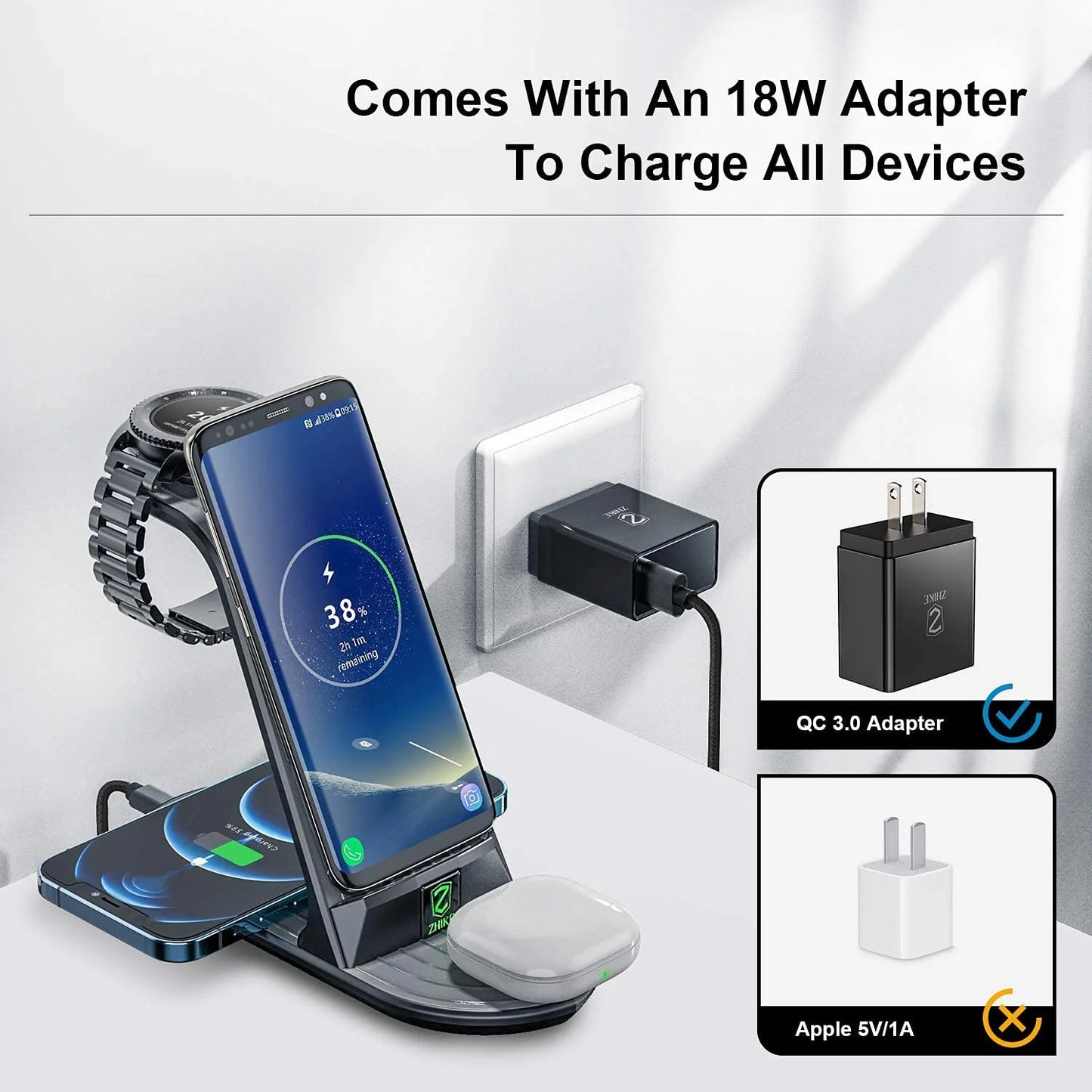 Wireless Charger, ZHIKE 4 in 1 20W Wireless Charging Station Compatible with Galaxy Phone/Watch/Buds.