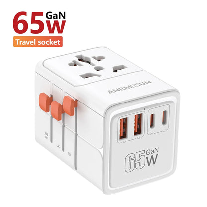 ANRMESUN 65W GaN Universal Travel Adapter with 2 USB 2 Type C Fast Charging All-in-one Travel Charger EU/UK/USA/AUS for Travel