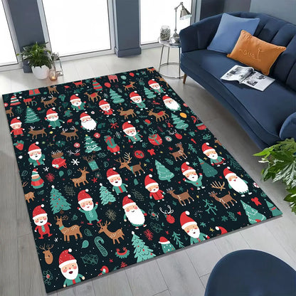 Happy New Year Merry Christmas Tree Santa Claus Cartoon Gift Carpet Rug for Bedroom Living Room Sofa Home Doormat Decor,Non-slip