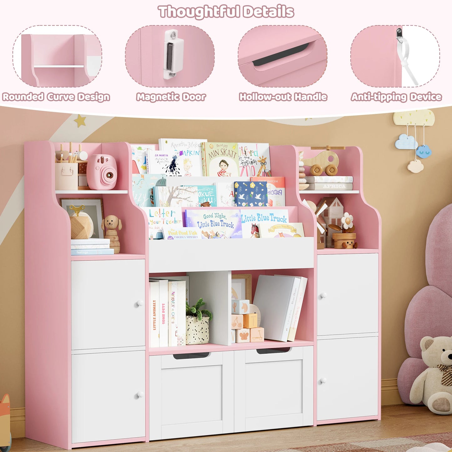 Getone Toy Storage , Childrens Bookcase,Unit 3-tier Kids Bookshelf, Kids Storage with 2 Drawers with Wheels, 4 Doors, 6 Open Shelves,multi-functional toy storage unit122x30x100cm