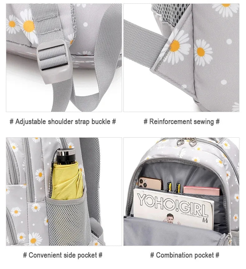 Daisy Pattern School Bag Backpack Pencil Case Handbag Three Piece Set Nylon Fabric Waterproof Boys Girl Teenagers Trend Backpack