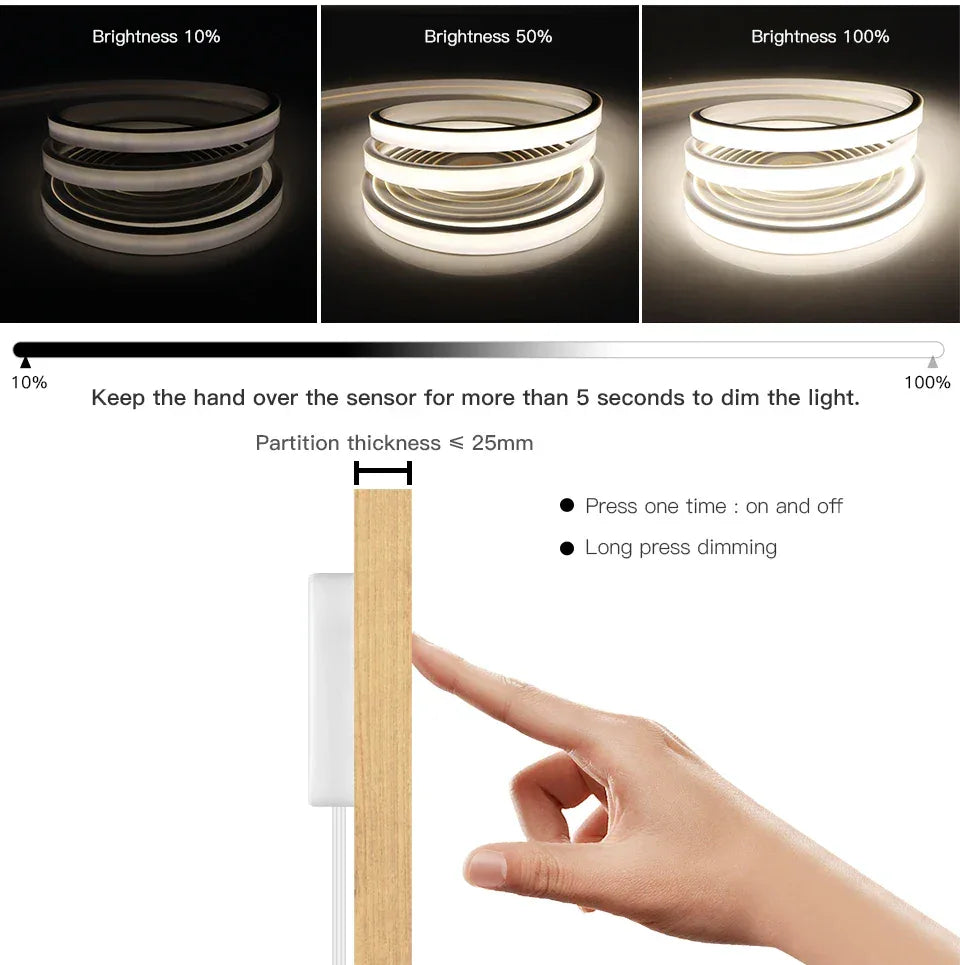 DC5V USB Touch Sensor Dimmable and Hand Sweep Switch COB Light LED Strip Neon Silica Gel Tape Waterproof Backlight DIY Home