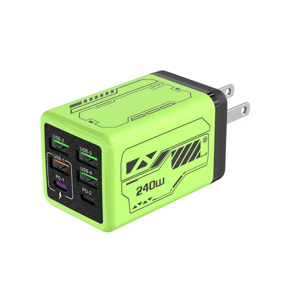 240W 6 in 1 USB C Charger Fast Charging PD3.0 QC3.0 Mobile Phone Travel Wall Adapter for iPhone17 Samsung Xiaomi Huawei EU UK US