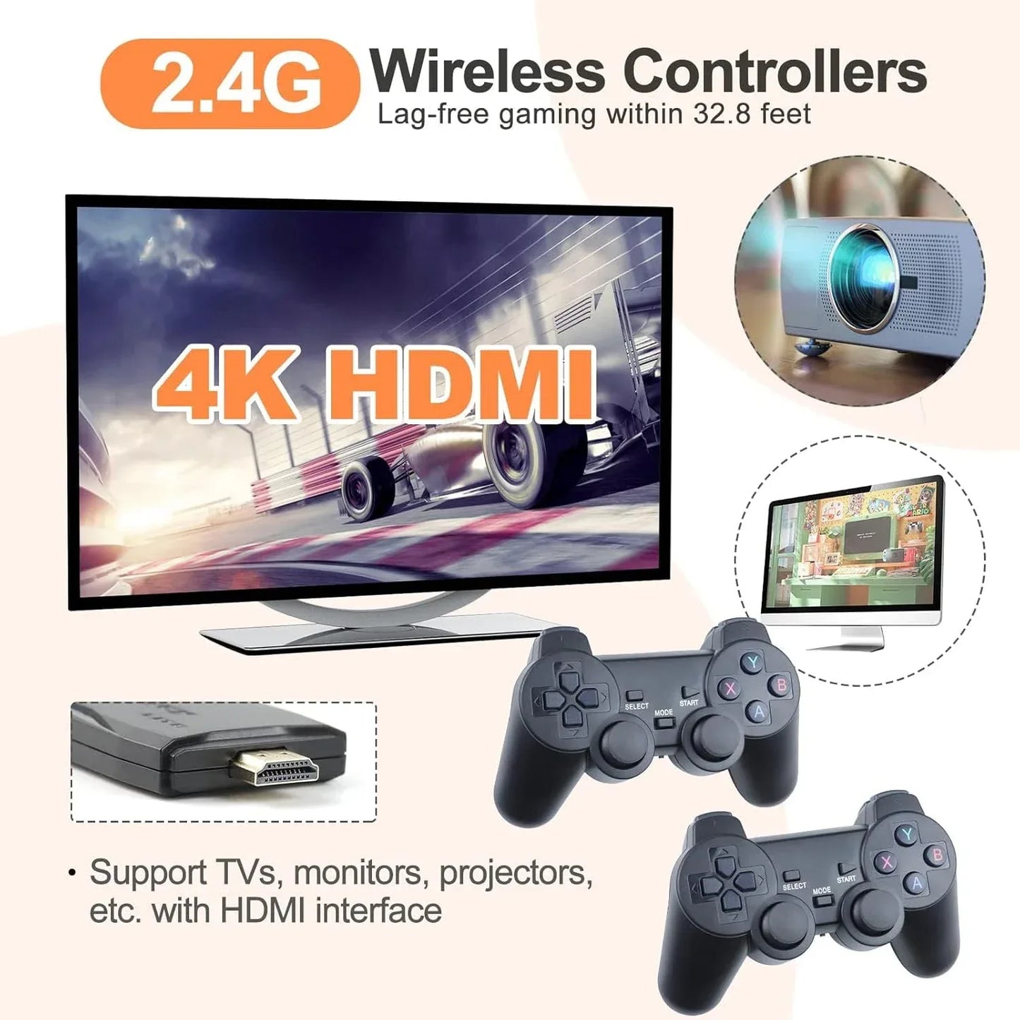 Wireless Retro Game Console, Retro Game Stick 23 Emulators 20,000+ Games 4k Hdmi 4GHz Wireless Controller Video Games for