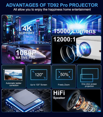 ThundeaL Portable Mini Projector TD92 Pro FHD 1080P Full HD Beam 4K Video WiFi Android Projector TD92Pro 3D Movie Home Theater