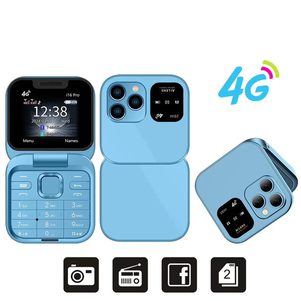 SERVO i16 PRO 4G LTE Mini Flip Mobile Phone Dual SIM Standby Call Recording Speed Dial FM Radio 1.77" Screen Foldable Cellphones