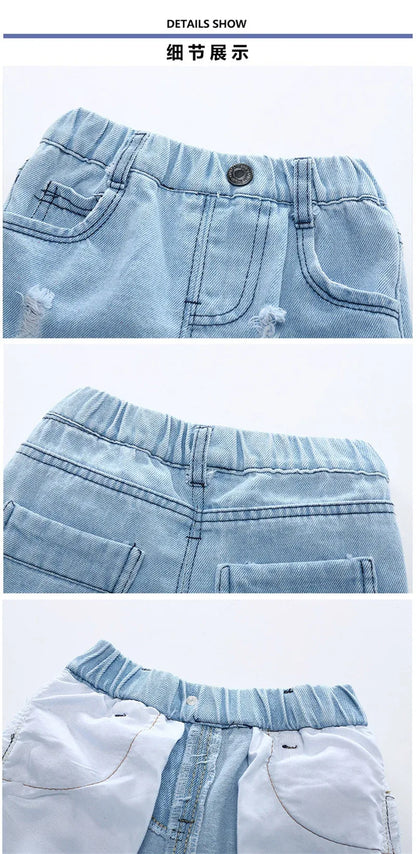 Boy Summer Shorts Infant Fashion Torn Trousers Children knee Length Pants Kids Casual Denim Jeans 2024 Baby Elastic Waist Shorts