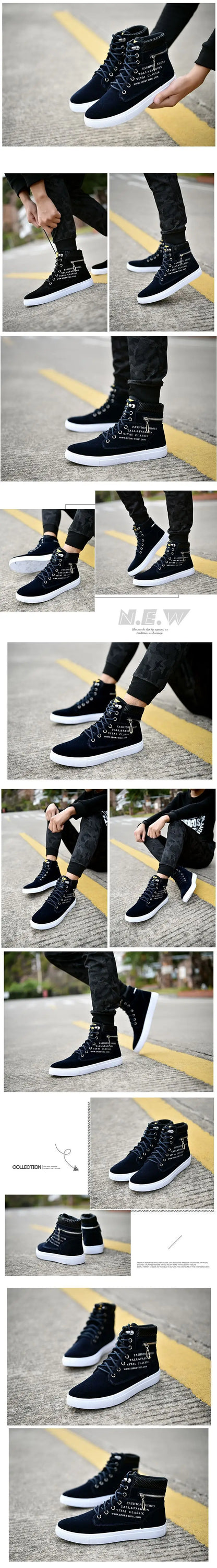 Black Vulcanized Sneakers Men's Flat Comfortable Shoes Lace up Zapatillas Hombre Autumn Spring High Top Sneakers Plus Size 38-48