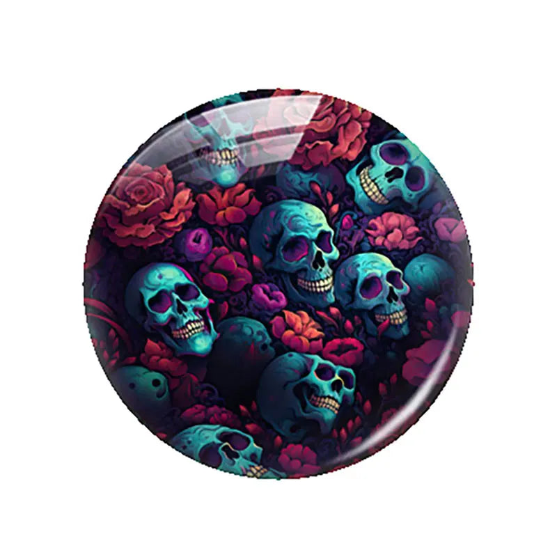 Breloques cabochons en verre à dos plat, style gothique sombre, tête de mort et fleur, pour la création de bijoux DIY. Démonstration de camée à dos plat pour la fabrication de bijoux DIY.