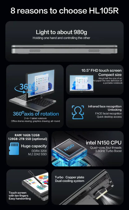 Portable Mini Laptop 10.5inch Touch Screen Notebook N150 32GB+128GB-1TB IPS Small Notebook Portable PC Micro Computer windows 11