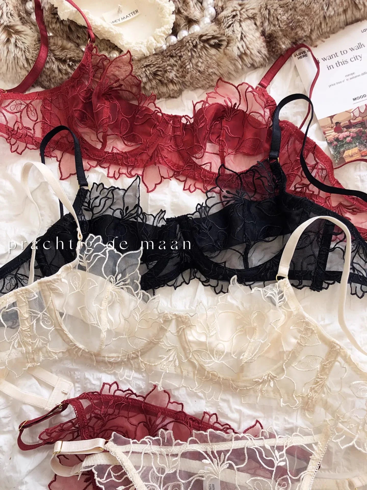 MOYISU French Pure Desire Lingerie Sexy Thin Cup with Underwire Bra Set Christmas New Embroidered Lace Underwear Bra