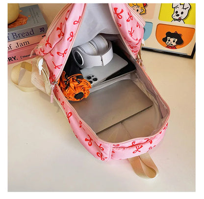 3 Pcs/Set Cute girl Large Capacity Backpack Bow Print Nylon Schoolbag Adjustable Strap Women daily Campus Backpack