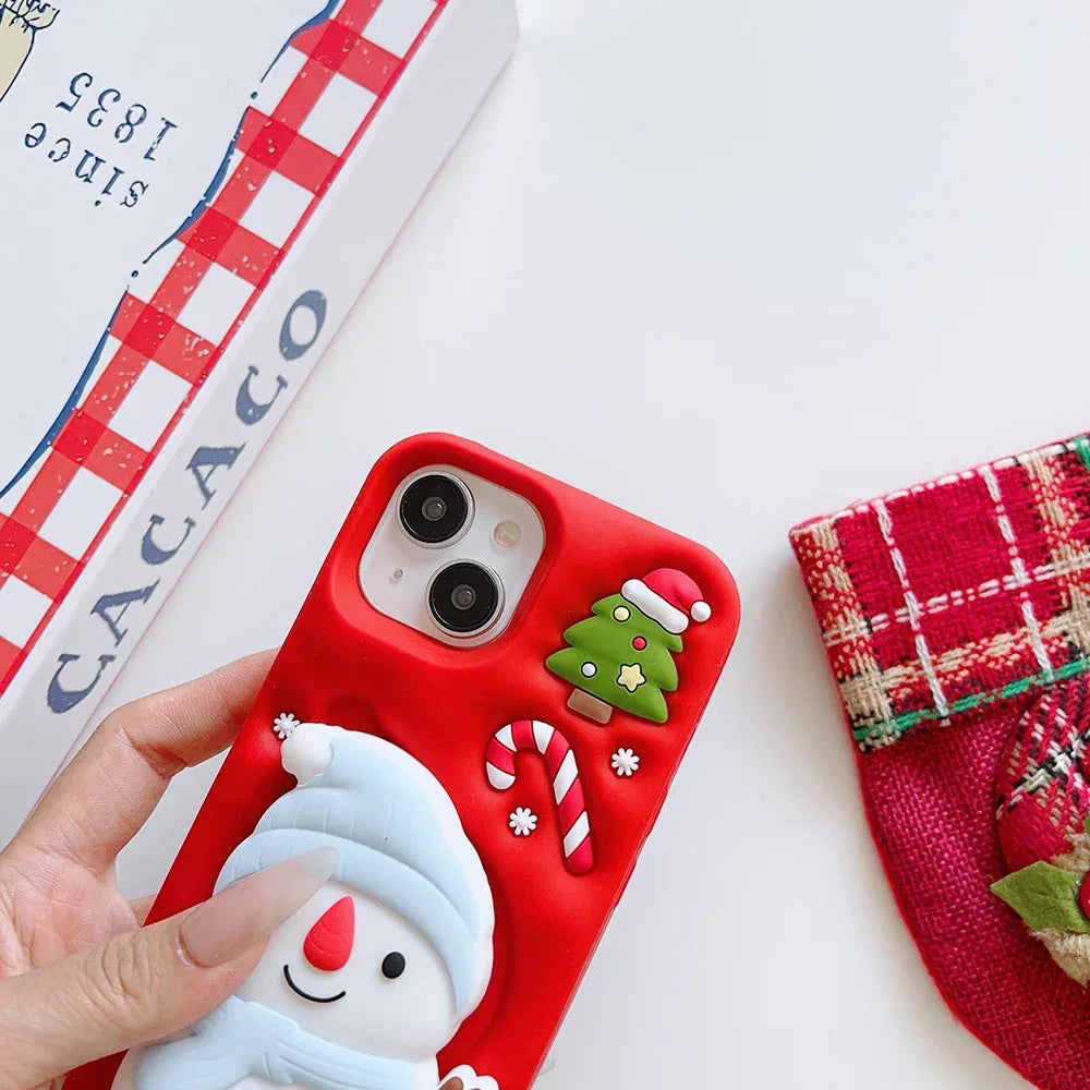 Cute 3D Cartoon Christmas Snow Man Telescopic Bracket Case For iPhone 16 15 14 13 12 Pro Max Soft Silicone Stand Holder Cover