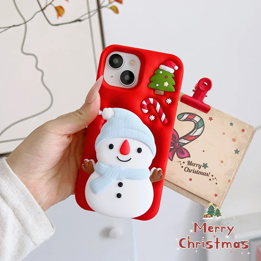 Cute 3D Cartoon Christmas Snow Man Telescopic Bracket Case For iPhone 16 15 14 13 12 Pro Max Soft Silicone Stand Holder Cover