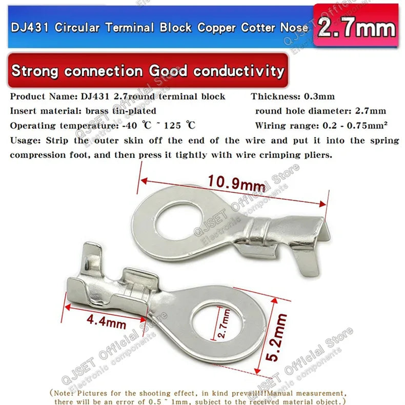 100PCS Circular Terminal Blocks DJ431 O-ring lugs Cold pressed connectors Copper lugs Terminal blocks Open ended bare ends 6.3mm