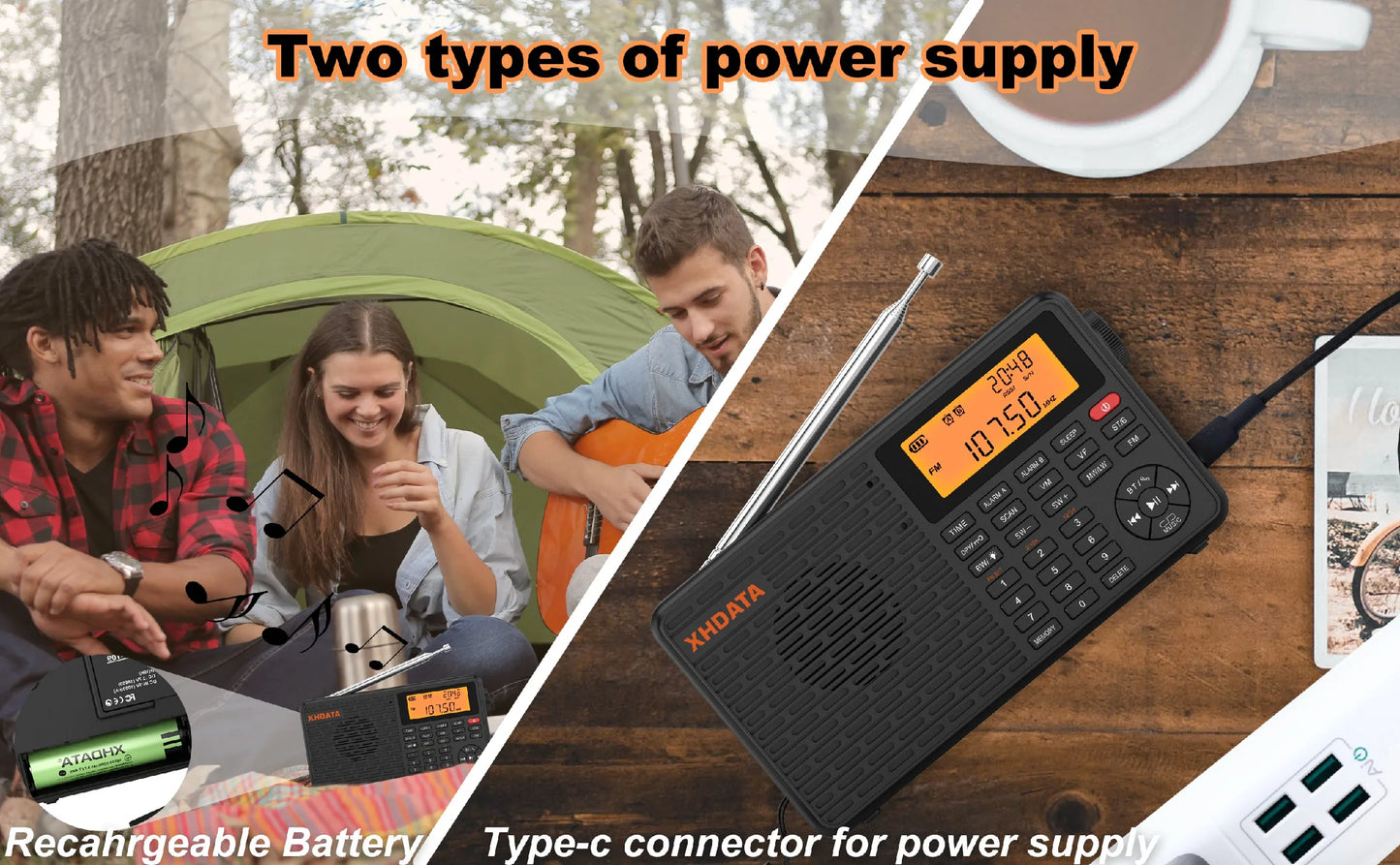 XHDATA D-109 Stereo Digital Portable Radio AM SW MW FM Radio Bluetooth Compatible Multifunctional Radio Support TF Card Player