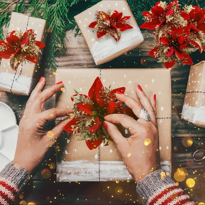 40PCS Artificial Glitter Christmas Flowers with Clips for Xmas Tree Ornament Fake Flower Floral New Year Party Home Decoration