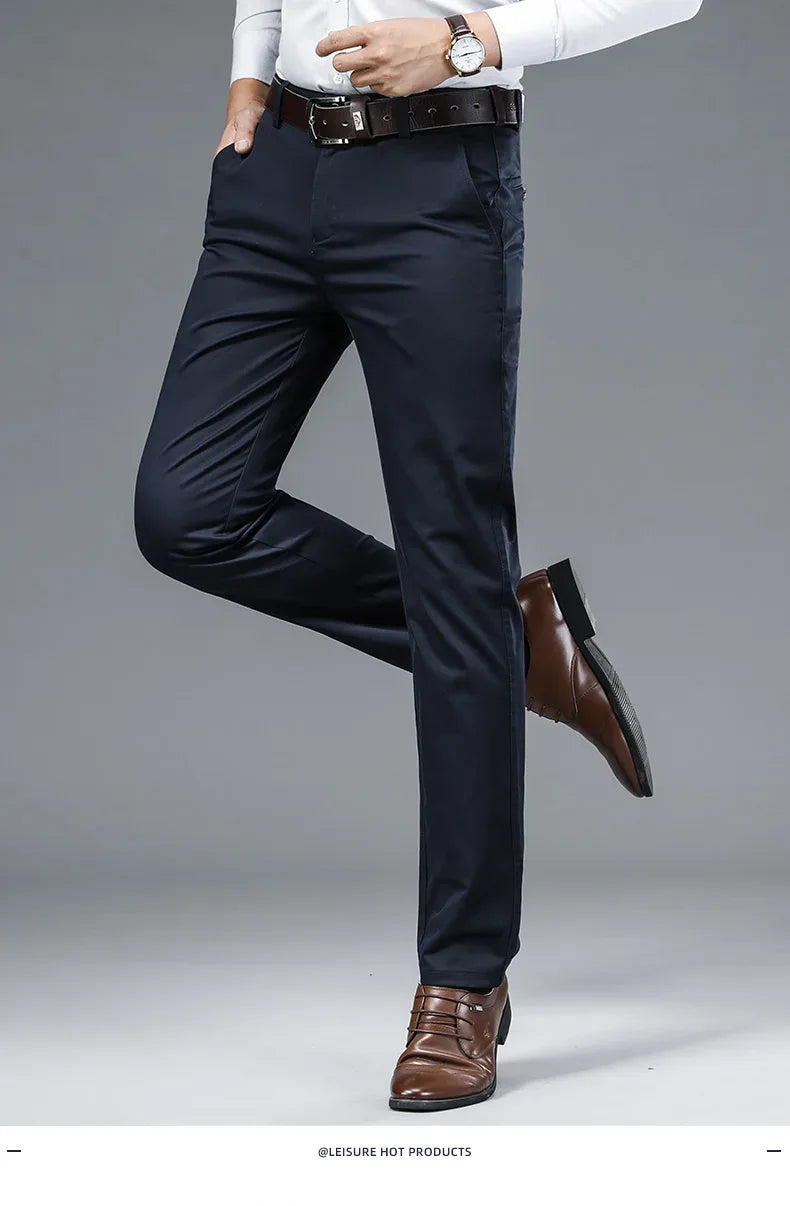 Autumn Classic Style Men's Beige Business Straight Casual Pants Stretch Cotton High Waist Solid Brand Trousers Khaki Green Black