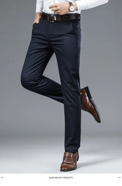 Autumn Classic Style Men's Beige Business Straight Casual Pants Stretch Cotton High Waist Solid Brand Trousers Khaki Green Black