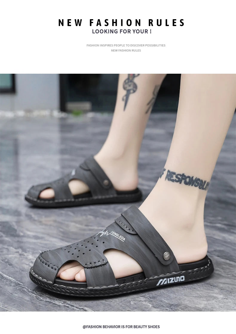 Men's Baotou Sandals Summer new Outdoor Cool Breathable Anti slip Waterproof Beach Shoes Soft Sole Fashion Dual purpose Slippers