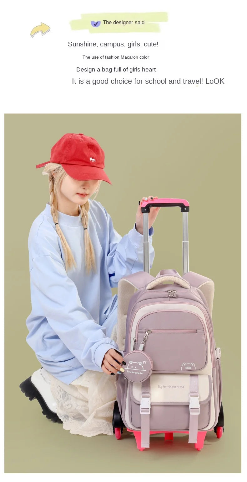 Children School Backpack Trolley Bag with Wheels Students Backpack Book Bag Rolling School bag for Girls Kids Wheeled Backpack