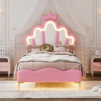 Comanlai Children's Bed  90x200cm with LED Light and Crown-shaped Headboard,Upholstered Bed with Slatted Frame,PU Leather,Pink