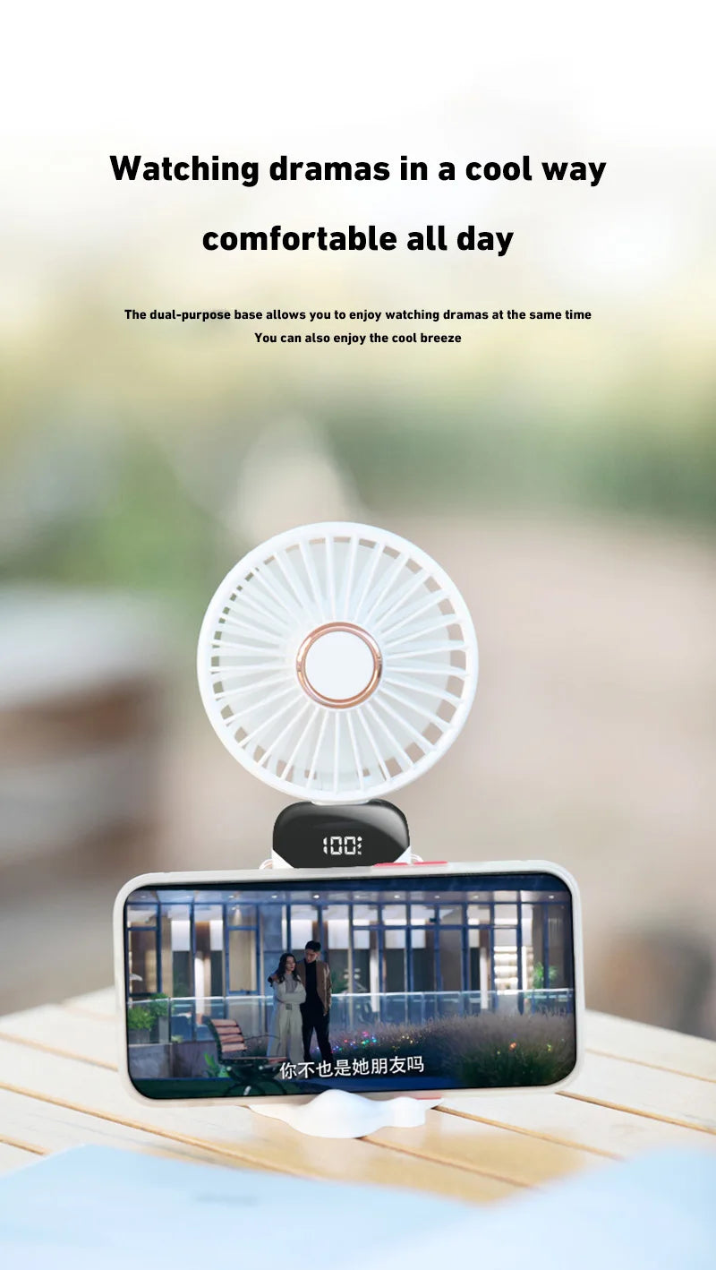 2026 New Handheld Mini Fan Foldable Neck Hanging Fans 5 Speed USB Rechargeable Fan with Phone Stand and Display Screen 1800mAh
