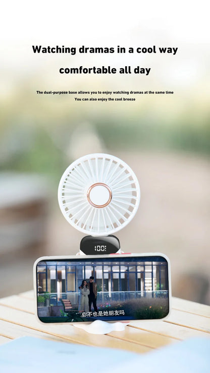 2026 New Handheld Mini Fan Foldable Neck Hanging Fans 5 Speed USB Rechargeable Fan with Phone Stand and Display Screen 1800mAh