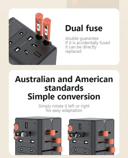 65W/45W/25W GaN Universal Travel Adapter with 2 USB 2 Type C Fast Charging All-in-one Travel Charger EU/UK/USA/AUS for Travel